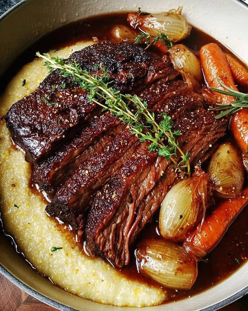 Slow-Braised Beef Brisket with Herb Grits Recipe