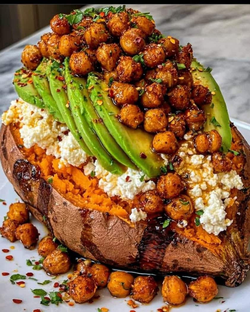 Smoky Roasted Sweet Potato Boats with Crispy Chickpeas Recipe 4 Smoky Roasted Sweet Potato Boats with Crispy Chickpeas Spicy Lime Honey Drizzle 1