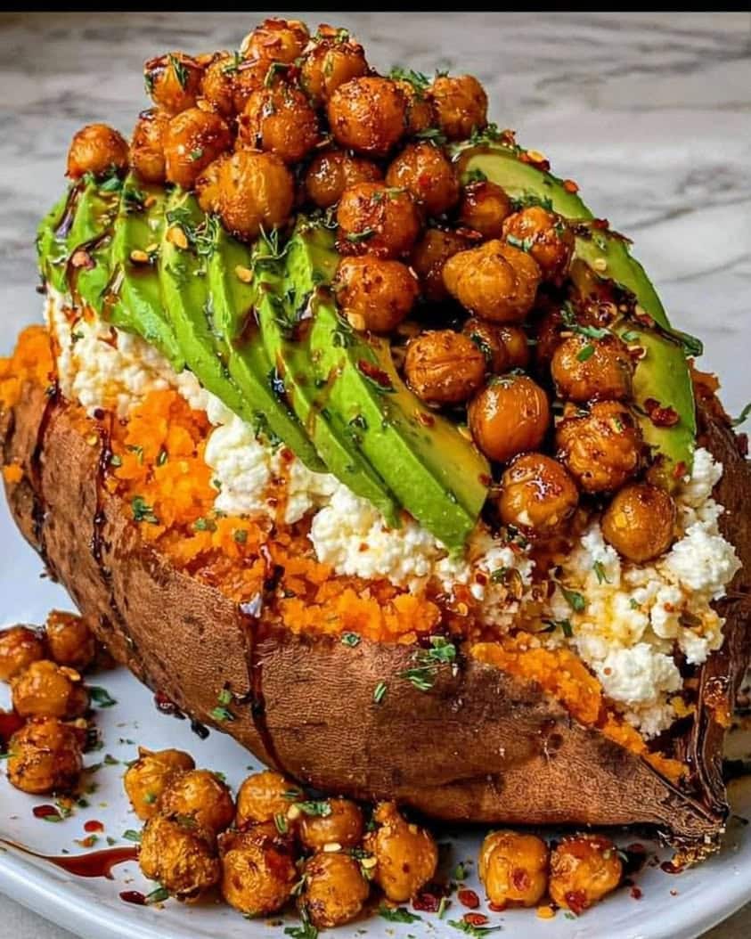 Smoky Roasted Sweet Potato Boats with Crispy Chickpeas Spicy Lime Honey Drizzle