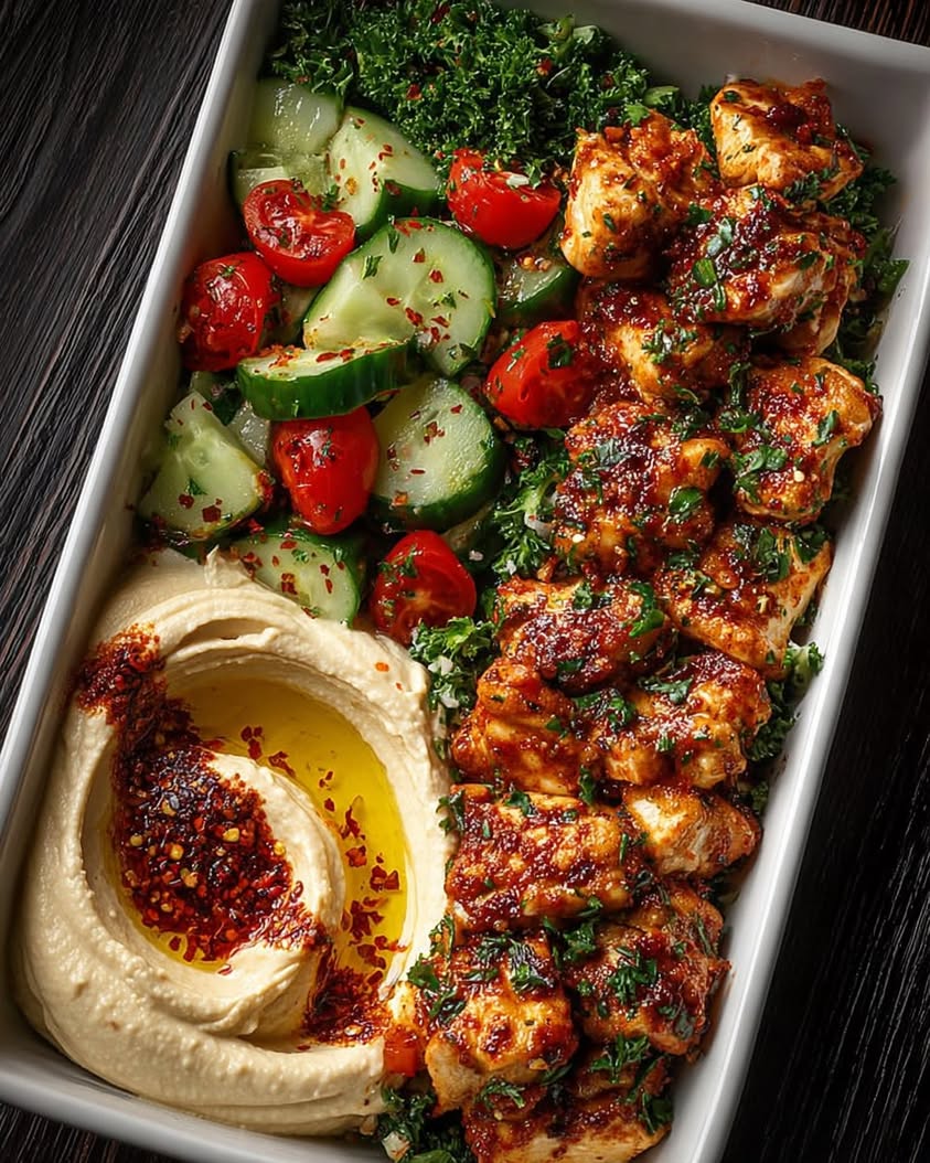 Spicy Garlic Chicken Bowl with Hummus Cucumber Salad 1