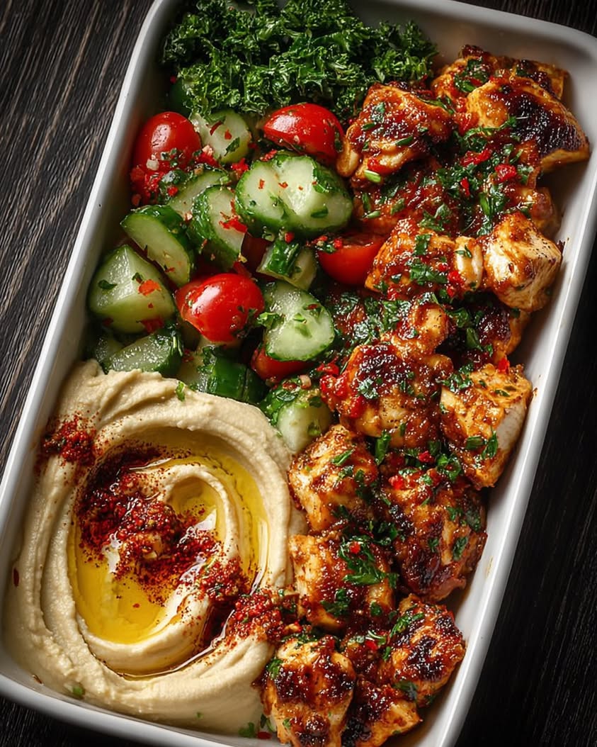 Spicy Garlic Chicken Bowl with Hummus & Cucumber Salad Recipe 11 Spicy Garlic Chicken Bowl with Hummus Cucumber Salad