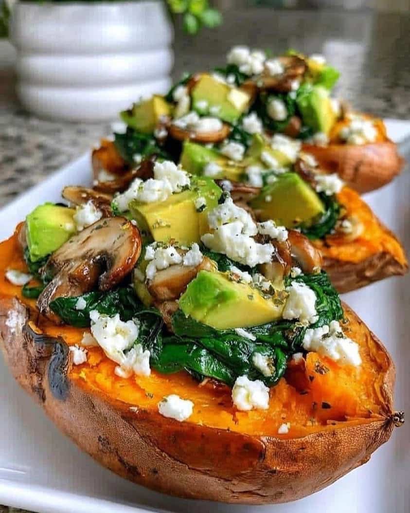 Stuffed Sweet Potatoes with Spinach, Avocado, Mushroom & Feta 9 Stuffed Sweet Potatoes Spinach Avocado Mushroom Feta