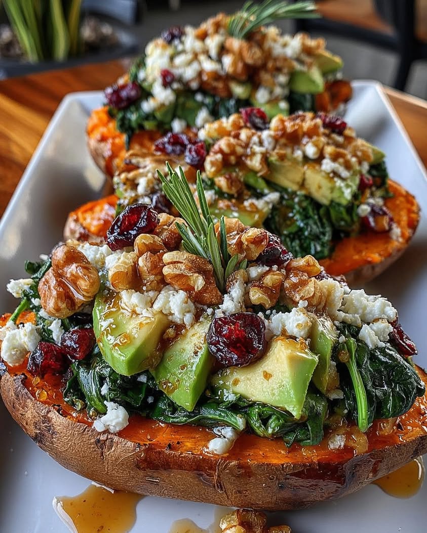 Stuffed Sweet Potatoes with Spinach Avocado Mushrooms Feta Walnuts Sticky Cranberry Maple