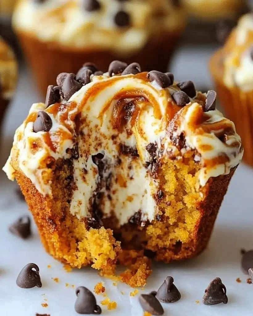 Soft Pumpkin Chocolate Chip Muffins With Cheesecake Center 4 These soft spiced Pumpkin Chocolate Chip Muffins with a creamy cheesecake center are perfect for fall picnics brunches